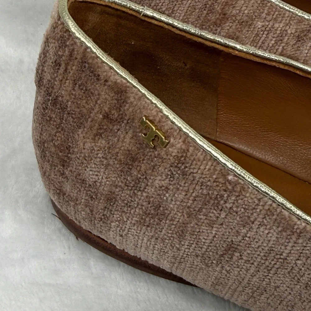 Tory Burch Dusty Rose Velvet Ribbed Smoking Slipper Loafers‎ Gold Trim Flats 9.5
